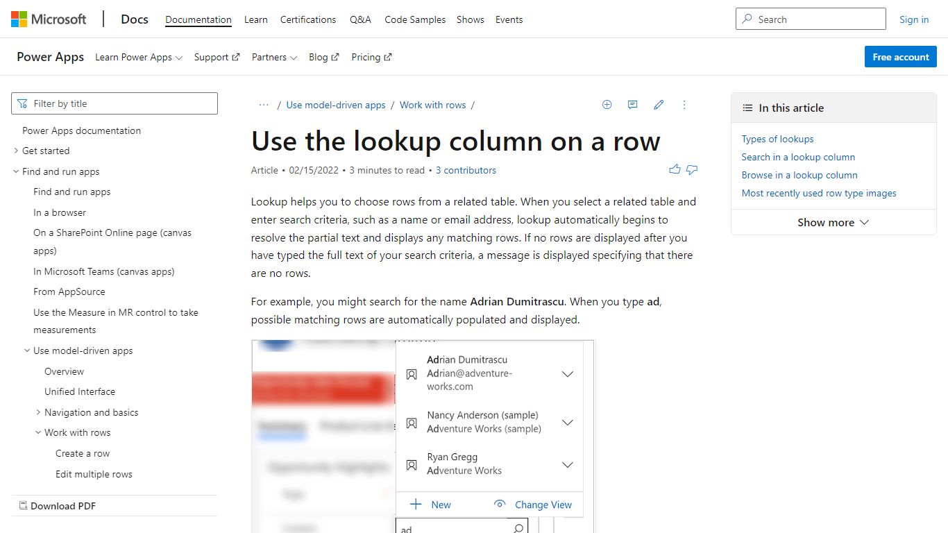 Use the lookup column on a row - Power Apps | Microsoft Docs